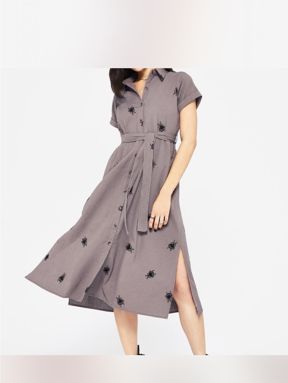 Disturbia Taupe Embroidered Insect Midi Shirt Dress with Belt